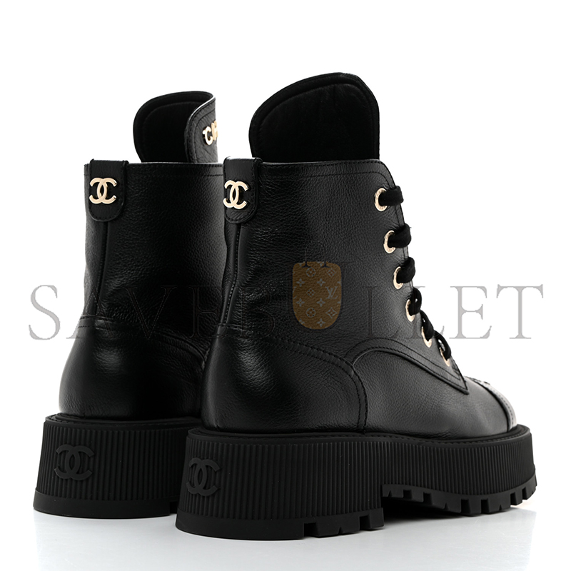 CHANEL GRAINED CALFSKIN SHINY CALFSKIN CC LACE UP COMBAT BOOTS 1437689
